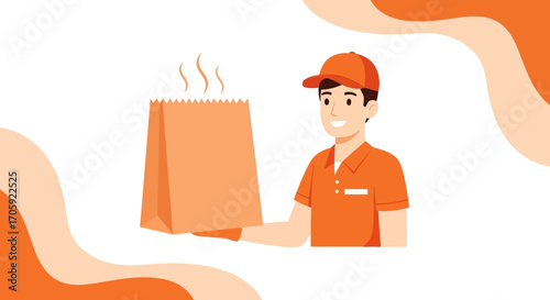 Happy Delivery Guy with Delicious Hot Food and Orange Uniform Illustration