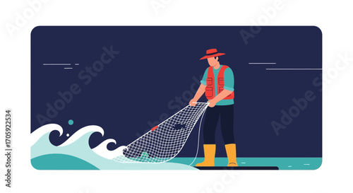 Fisherman Harvesting Fish With A Net On A Boat During A Beautiful Night Scene