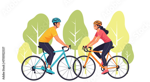 Happy Cyclists Enjoying A Scenic Ride Through A Lush Park In A Sunny Day