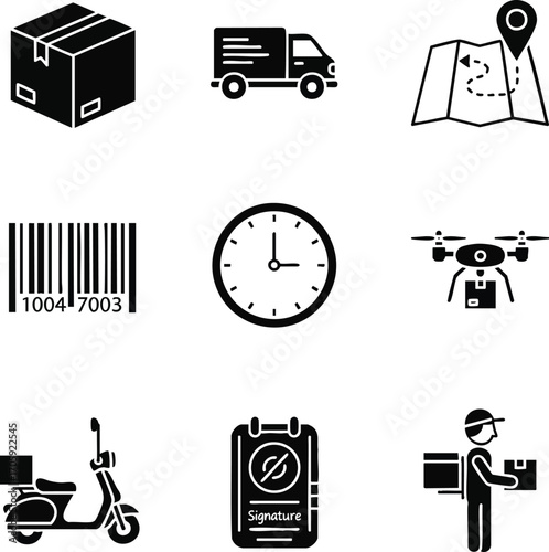 Modern black glyph delivery and logistics icons