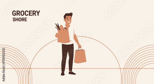 Happy Customer Returning Home From Grocery Shopping Carrying Fresh Produce Bags