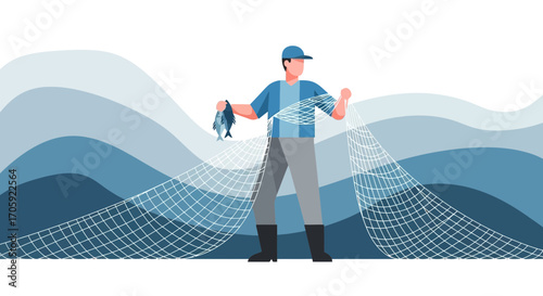 Fisherman Harvesting Fish With Fishing Net In The Ocean Among Decorative Wave Background
