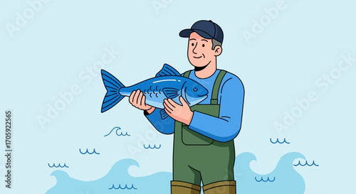 Fisherman Holding a Freshly Caught Fish Against a Sea-Themed Background Scene