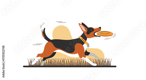 Happy Dog Playing Fetch, Catching Frisbee, In Mid-Air, Having Fun, Conceptual Illustration