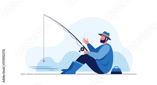 Fisherman Relaxes Beside the Water Fishing, Enjoying the Tranquility of Nature