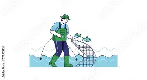 Fisherman Pulling Fishing Net With Fish, Capturing Aquatic Creatures in Water