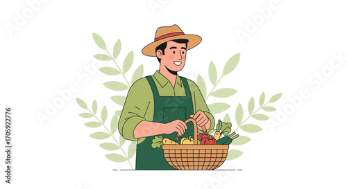 Happy Farmer Holding a Basket Filled With Fresh Vegetables and Natural Harvest