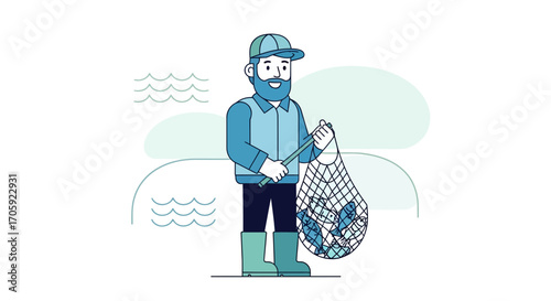 Fisherman With Full Net of Fish and Smiling, Standing Vector Illustration