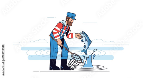 Fisherman Successfully Catches A Large Fish With His Fishing Net For Dinner