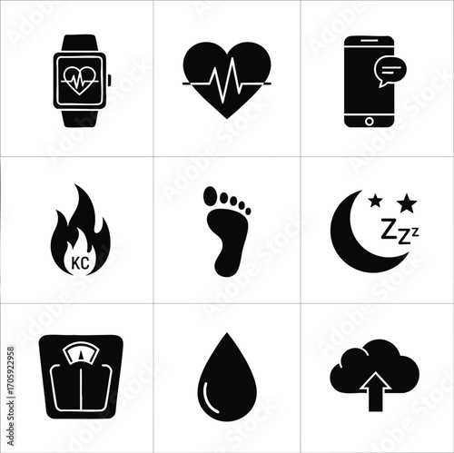 Modern black silhouette icons for health and fitness tracking. Features smartwatch, heart rate, sleep, calories, steps, weight, and cloud data sync