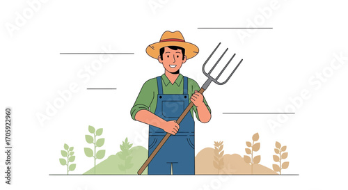 Happy Farmer Holding Pitchfork In The Field And Wearing Overalls with a Bright Smile