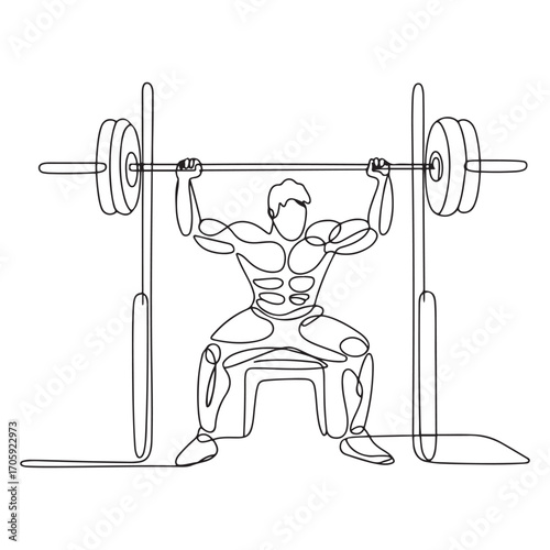 One continuous line Art drawing of young bodybuilder man doing exercise with a heavy weight bar in gym. Powerlifter train weightlifting concept. with white background