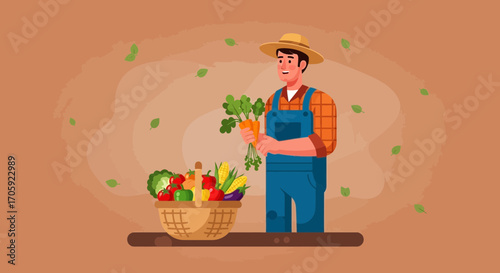 Happy Farmer Presenting Freshly Harvested, Organic Vegetables From Local Fields