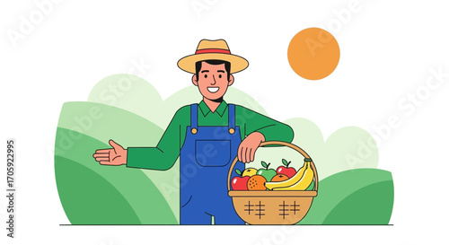 Happy Farmer Presenting a Basket of Freshly Harvested Fruits with Smiling Face