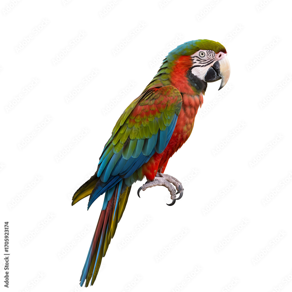 Fototapeta premium Colorful Macaw Parrot Perching with Detailed Feathers Against Transparent Background