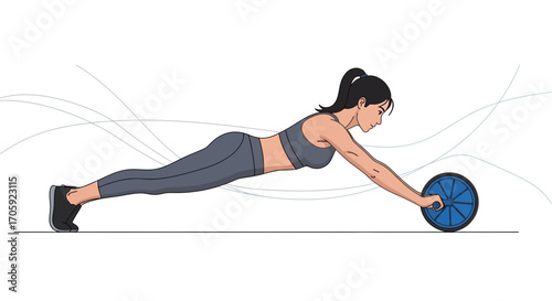 Fitness Enthusiast Demonstrating Core Strength with an Ab Wheel in a Dynamically Posed Exercise