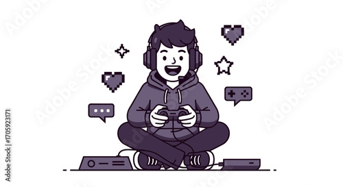 Happy Gamer Enjoys Controller Playtime With Pixelated Game Icons Online