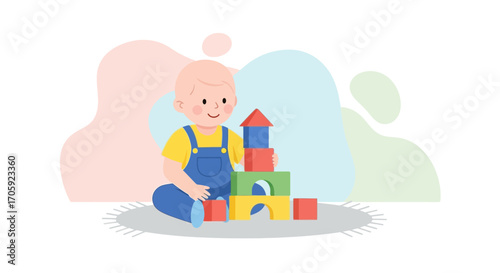 Happy Infant Playing With Colorful Cubes, Constructing A Simple Tower In Delight