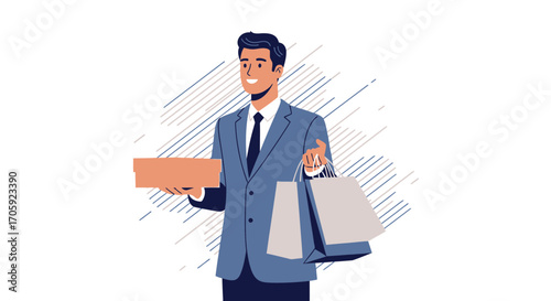 Happy Man Carrying Shopping Bags And A Package Illustrating Gift Giving And Commerce