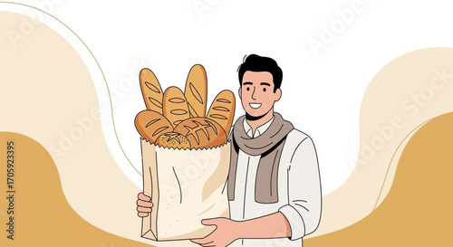 Happy Man Carrying Baguette Breads and Several Bakery Foods Against a Neutral Background