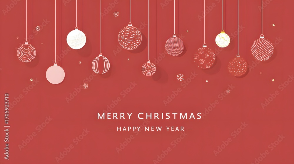 Naklejka premium Merry Christmas and Happy New Year greeting card with golden Christmas balls on a red background. Flat illustration with golden Christmas balls on a red background.