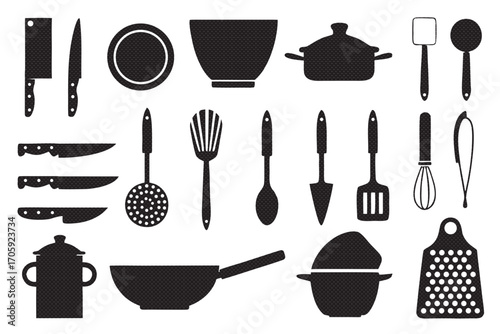 Kitchen utensil icon set in black color