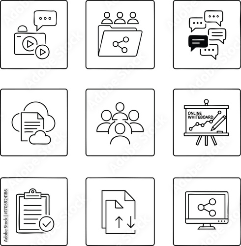 Nine minimal line icons depict collaboration, communication, and online teamwork
