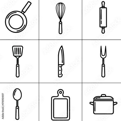 Nine essential kitchen utensil icons: pan, whisk, rolling pin, spatula, chef's knife, fork, spoon, cutting board, and pot