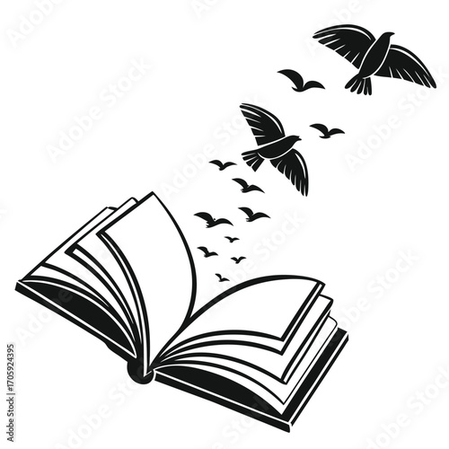 Birds are gracefully flying from a book in the black and white conceptual style