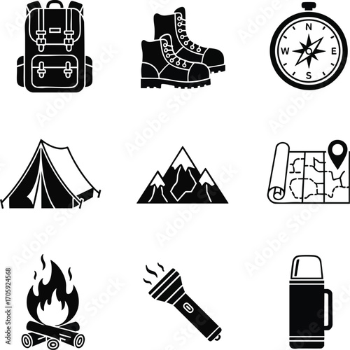 Outdoor adventure vector icons. Features backpack, hiking boots, compass, tent, mountains, map, campfire, flashlight, and thermos
