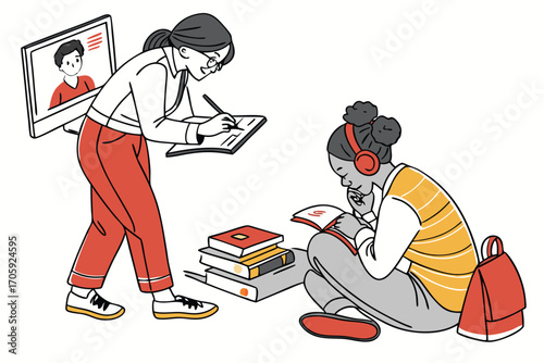 Asian teacher records video and African American student reads a book beside her