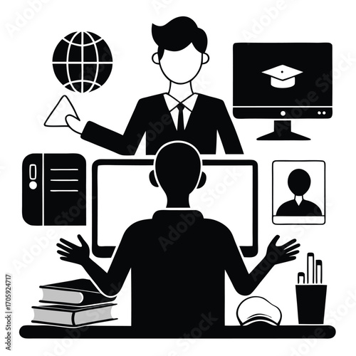 Silhouette teacher lectures student remotely using computer alongside books and office equipment for online education