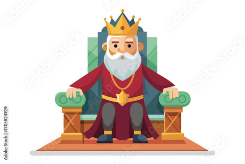 Flat king with white beard sits regally on his detailed throne adorned with golden crown
