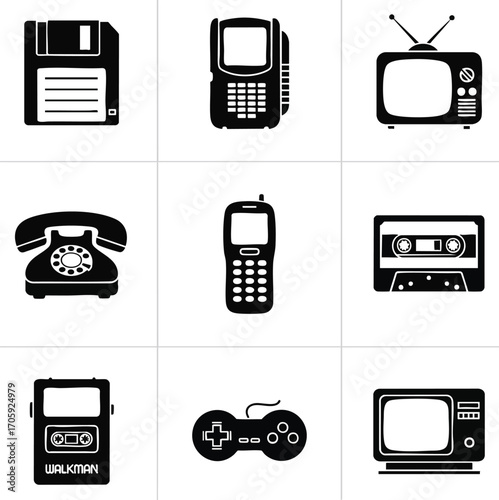 Retro technology gadgets black icons set. Featuring vintage electronic devices like phones, TVs, game controller, walkman, and floppy disk