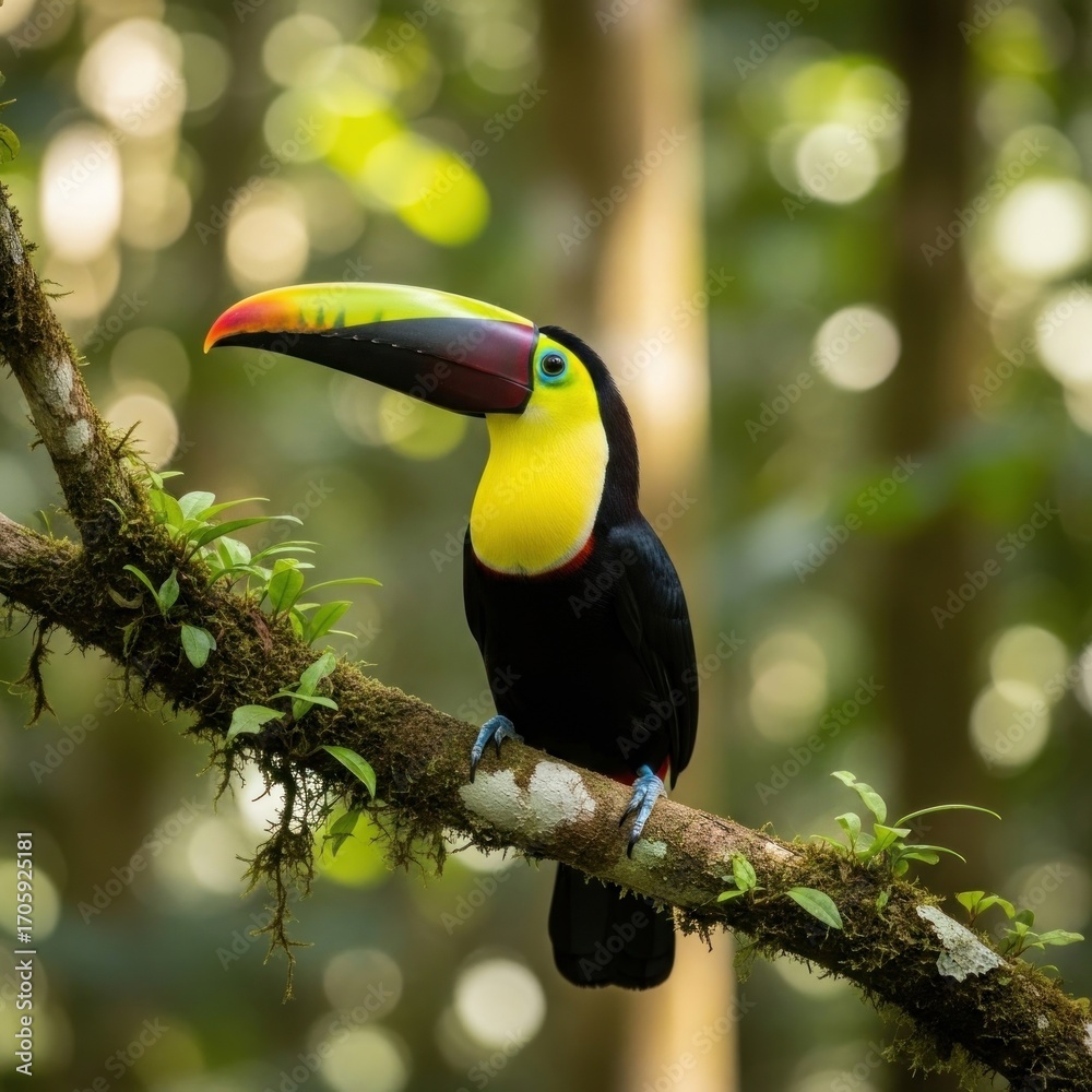 Obraz premium Vibrant Keel-billed Toucan Perched on a Mossy Branch in Lush Tropical Rainforest with Bokeh Background