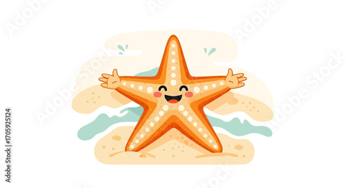 Happy Starfish Relaxing on the Shore with a Welcoming and Upbeat Gesture Cartoon