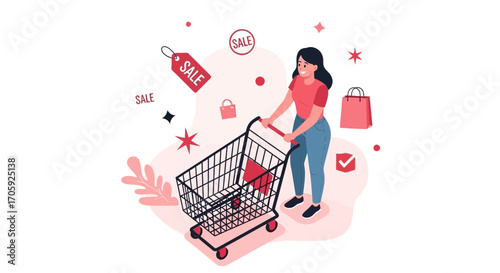 Happy Shopper Woman Pushing Shopping Cart During Sales Special Offers Advertising