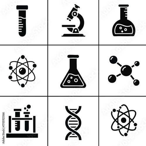 Science and laboratory equipment icons in a grid arrangement. Includes microscope, test tubes, flasks, atom, molecule, and DNA helix
