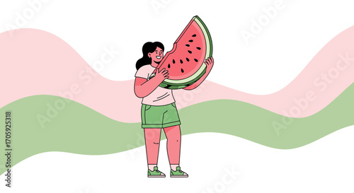 Happy Woman Delightedly Holding And Biting Into a Beautiful Watermelon Slice