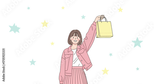Happy Woman Holding Up Shopping Bag With Colorful Star Decorations in Celebration