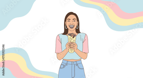 Happy Woman Holding a Wrap Sandwich Smiling With Joy and Happiness in a Digital Illustration
