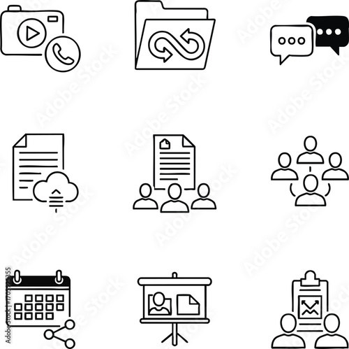 Set of business and technology icons, ideal for presentations, website elements, and user interface designs. The vector style is minimal and clean