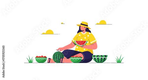 Happy Woman Enjoying Fresh Watermelons and Summer Fruits During A Picnic Outdoors