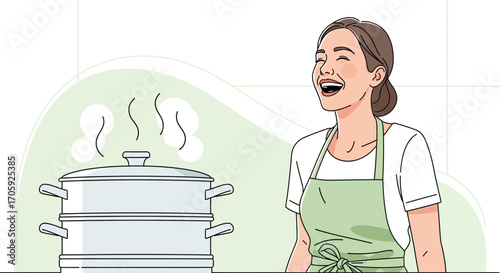 Happy Woman Preparing Food, Joyfully Watching Steaming Pot In A Kitchen, Healthy Cooking.