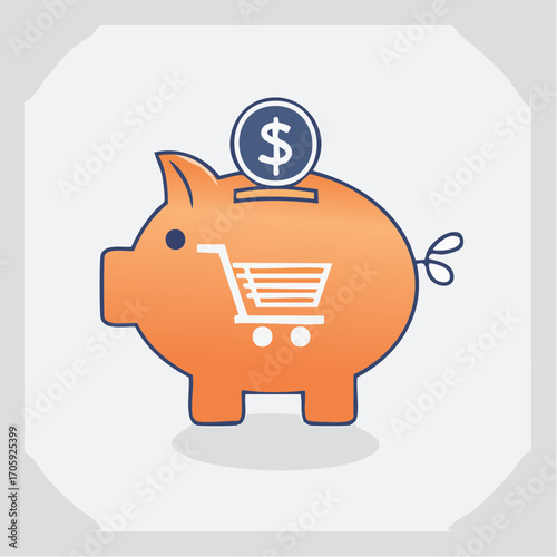 Orange Piggy Bank With Shopping Cart Icon and Dollar Coin