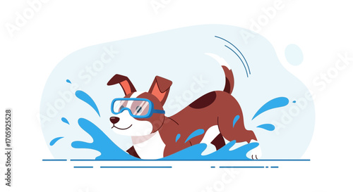 Joyful Dog Swimming With Goggles in Delightful Water Illustration