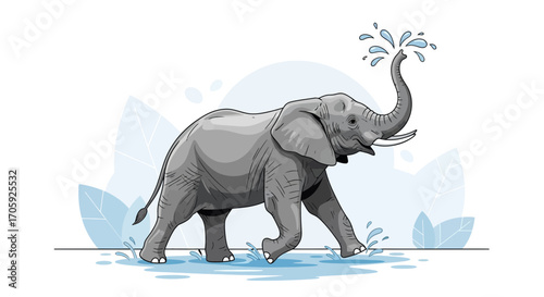 Joyful Elephant Playing With Water in a Playful Cartoon Splash Design