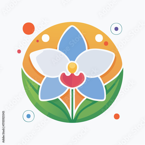 Blue and White Orchid Flower with Green Leaves on a Yellow and Orange Circular Background