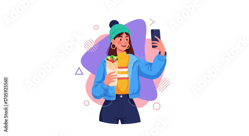 Happy Young Woman Taking a Selfie While Holding Food with Colorful Details