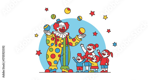 Joyful Entertainment: A Delightful Clown Juggling Balls With Children at A Festive Event
